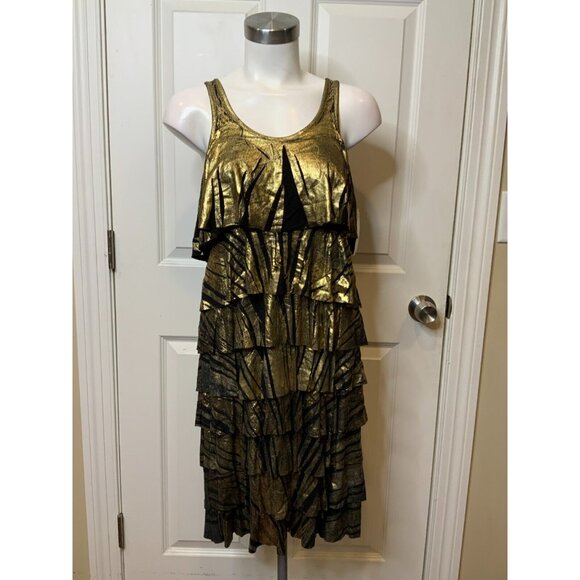 Michael Kors Black & Metallic Gold Painted Tiered Sleeveless Dress, Size XS, NWT